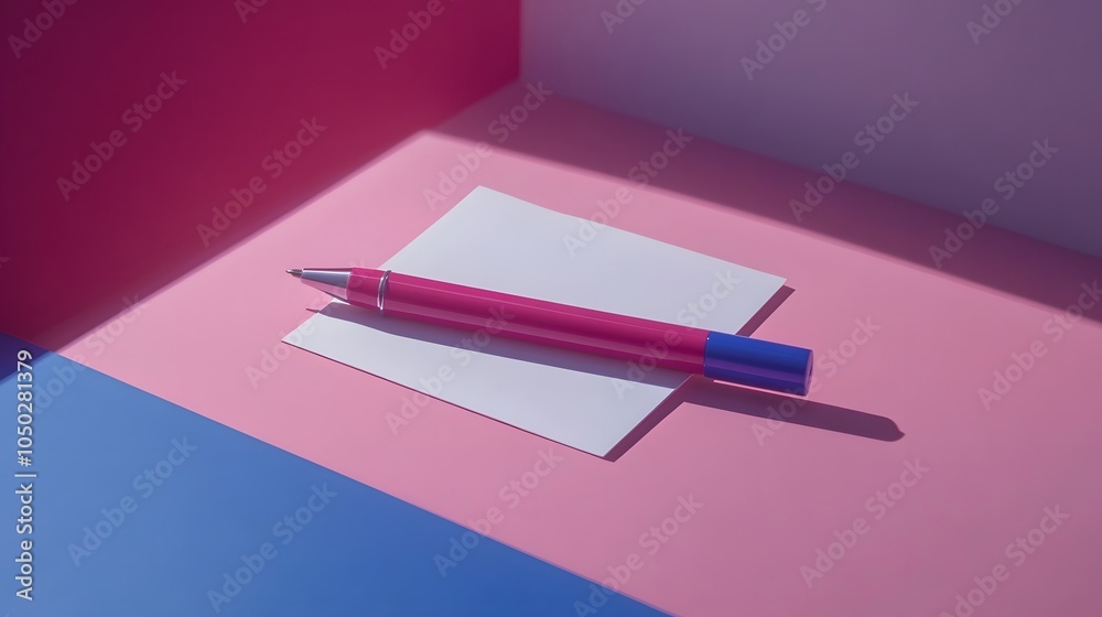 Poster A high-angle view of one pen and a sticky note, positioned perfectly on a minimalist desk, plain background, 4K resolution