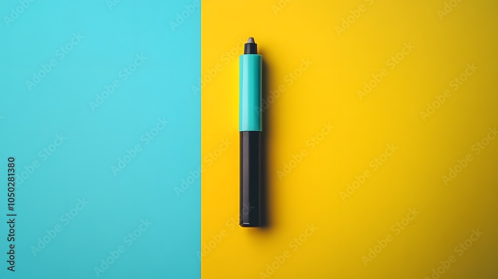 Poster a top-down shot of a single marker and an eraser, aligned on a polished desk, minimal style, plain b