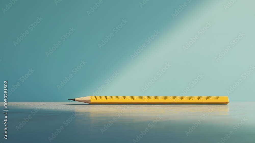 Poster A close-up, side-angle of a simple ruler and pencil, positioned precisely on a smooth table, plain background, 4K resolution