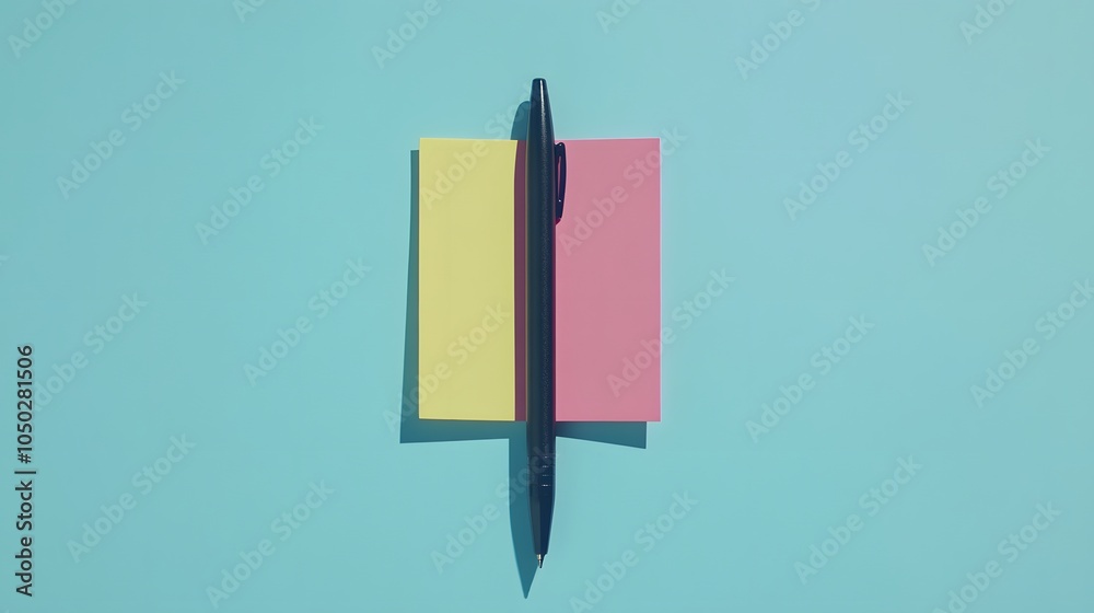 Poster A top-down view of a single pen and sticky note aligned symmetrically, creating a minimal look, plain background, 4K resolution
