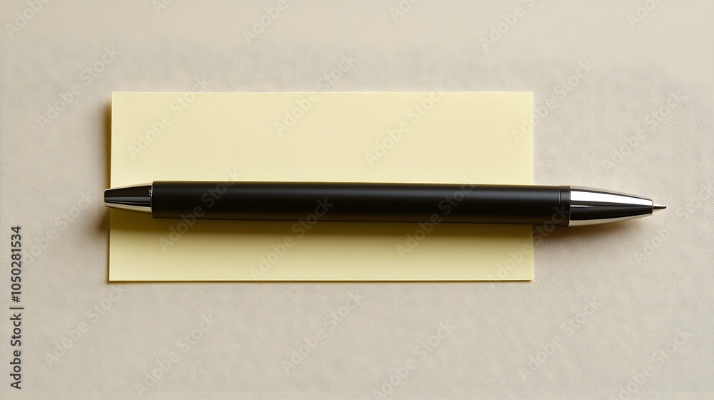 Poster A top-down view of a single pen and sticky note aligned symmetrically, creating a minimal look, plain background, 4K resolution