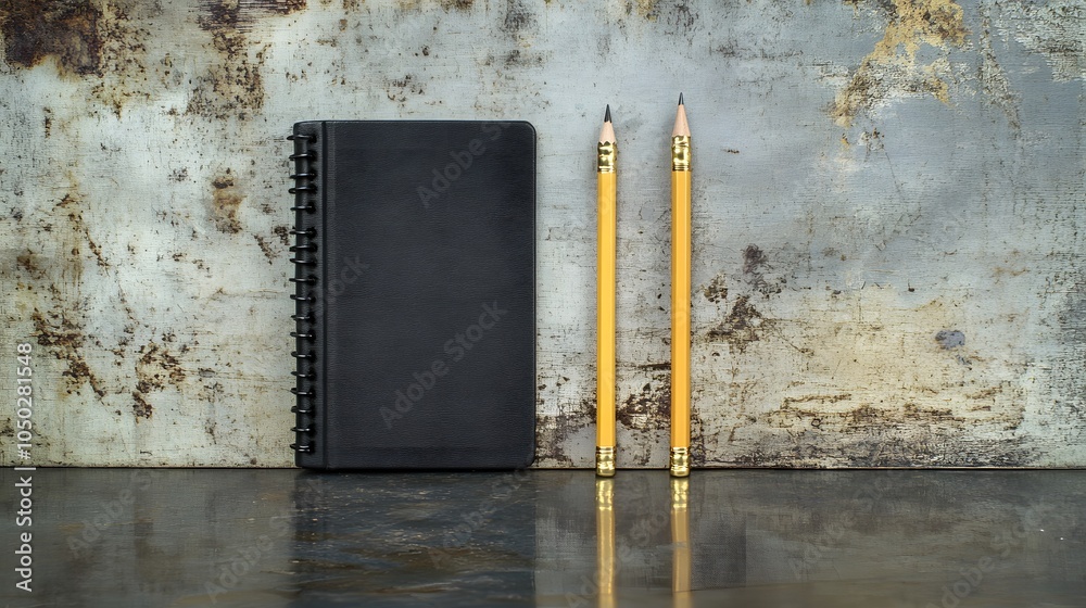 Poster a wide-angle shot of a mechanical pencil and a notebook, placed side by side on a polished table, mi
