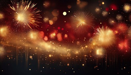 Obraz premium abstract black red and gold glitter background with fireworks christmas eve 4th of july holiday concept