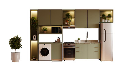 Set kitchen decorated with dark green cabinets on transparent background- 3D rendering