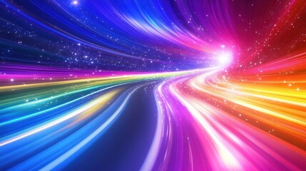 A vibrant, abstract representation of light trails in a cosmic setting.