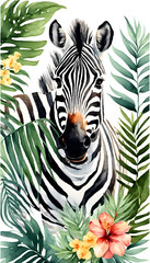 A watercolor illustration of a zebra surrounded by tropical leaves and orange flowers.