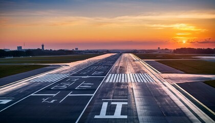 aerial view on empty airport runaway with markings for landings and all navigation lights ils cat ii on at the colorful sunset clear for airplane landing or taking off in wroclaw airport