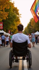 Obraz premium Disabled gay individual in wheelchair celebrating Pride Month at a colorful summer festival surrounded by autumn leaves and golden sunlight while waving the Rainbow Flag