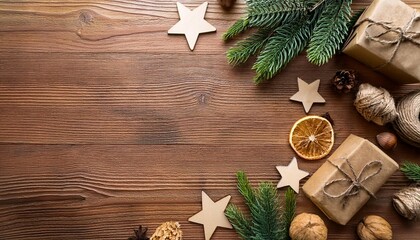 christmas and happy new year zero waste wooden background handmade christmas top view copy space ecofriendly plastic free concept