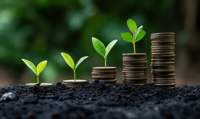 Plant growth on coins investment financial growth success money finance green nature sprout leaf growth plant coin stack pile coins soil dirt background business economy future wealth prosperity