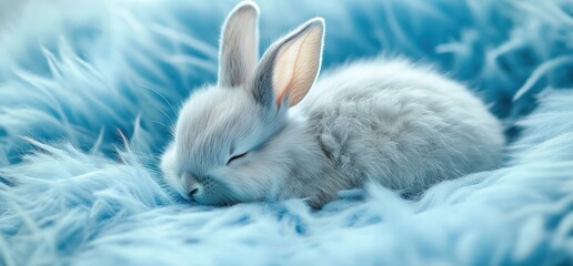 A small white rabbit sleeps peacefully on a blue fluffy surface.