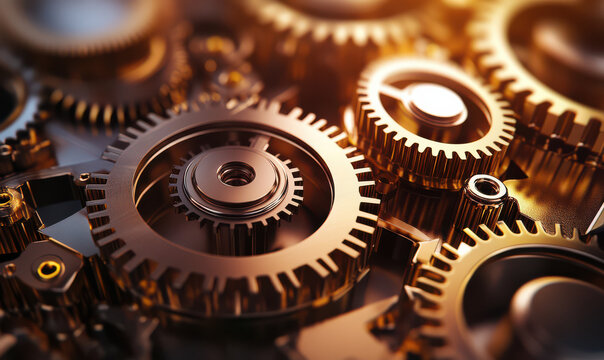 close up of intricate metallic gears, suggesting precision, power, and complexity of well oiled machine