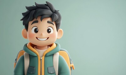 3D Style Friendly Asian Cartoon Character Teen Boy in Green Jacket with Backpack, Happy Smile, Light Background, Concept of Positive Expression and, Generative AI