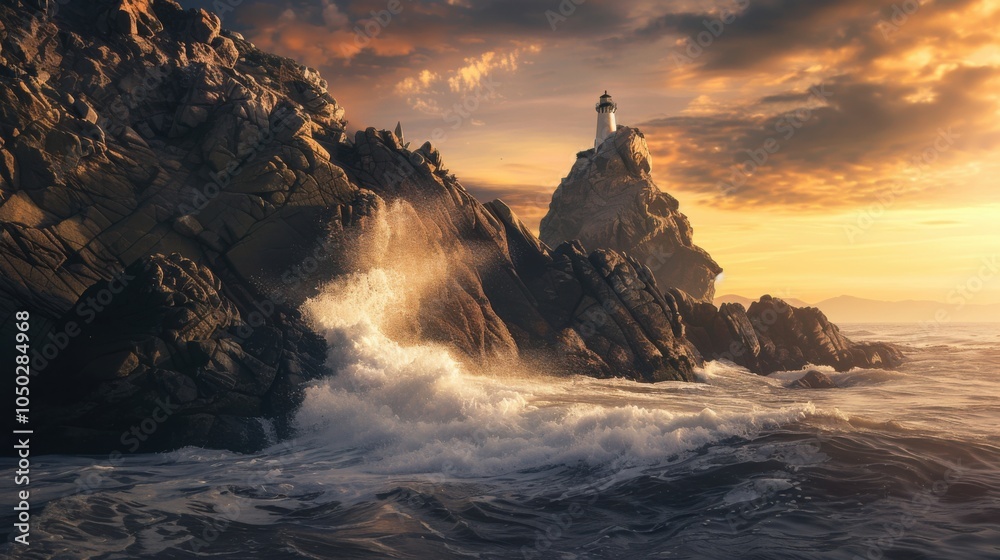 Poster a dramatic coastal rock formation with crashing waves and a lighthouse perched on the edge, set agai