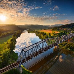 historic steel underspanned suspension railway bridge over bobr river in pilchowice lower silesia...