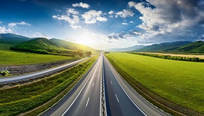 high angle panorama of straight asphalt highway passing through the mountain rural area at sun and clouds spring weather concept of trip transport fast moving forward ideas or road construction