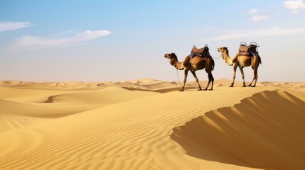 A dramatic desert landscape with towering sand dunes, a lone camel caravan, and a vast