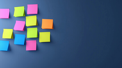 Colorful sticky notes arranged on blue background create vibrant and organized workspace. These notes are perfect for reminders and brainstorming ideas, adding playful touch to productivity