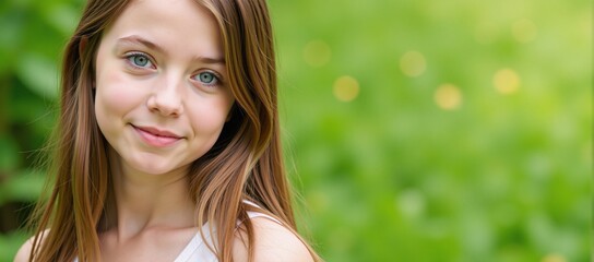 Naklejka premium A photorealistic portrait depicting a woman with blue eyes and long hair dressed in a green bra