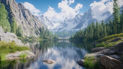 Fototapeta premium A hidden mountain lake surrounded by towering peaks and dense forests, reflecting the sky and creating a peaceful, remote atmosphere