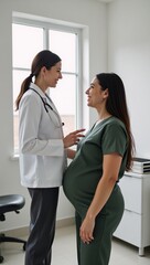Obraz premium Doctor offers advice to expectant mother in a luminous contemporary clinic