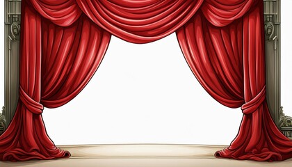 realistic open theatre red curtain illustration on white background