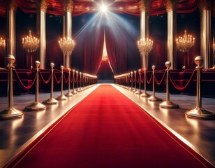 red carpet rolling out in front of glamorous movie premiere background generative ai
