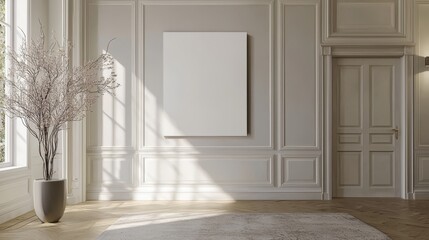 A simple family entryway with a large white canvas mounted on the wall and doors to either side, making it a practical and aesthetically pleasing space for everyday use.  