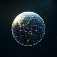 Naklejka premium Earth is depicted in stunning view, showcasing its continents and oceans, surrounded by grid pattern that symbolizes protection and sustainability