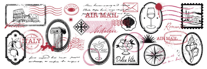 Vintage mail stamp print set, vector summer travel postcard grunge label, antique envelope seal sign. Italian postage letter collection, handwriting design grunge elements. Scrapbook vintage mail logo