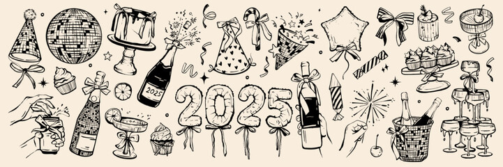 New Year party doodle set, vector hand drawn celebration holiday night icon, disco ball club sign. 2025 festive carnival illustration, alcoholic cocktail glasses, paper popper firework. Party doodle © Oleksandra
