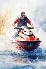 Jetski in water. Summer tropical sports.