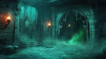 Fototapeta premium Eerie Dungeon Entrance with Chains and Green Mist