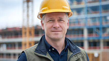 A middle-aged man wearing a yellow hard hat stands in a construction site with wooden beams in the background.