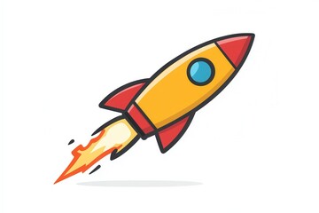 A vibrant cartoon rocket takes off with flames trailing behind it. The artwork features a minimalist design in flat illustration style, emphasizing the dynamic motion of the launch against a clear bac