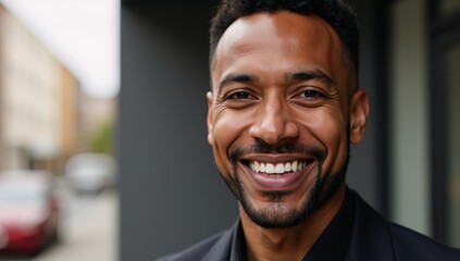 Naklejka premium A confident African-American man poses for an urban portrait exuding happiness and maturity as a middle-aged successful business professional
