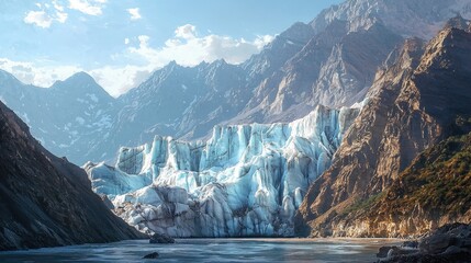 The surface of the glacier appears dark blue, with clouds scattered in the sky