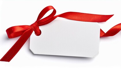 white empty paper name tags greeting cards or coupons with red shiny ribbons isolated on white background