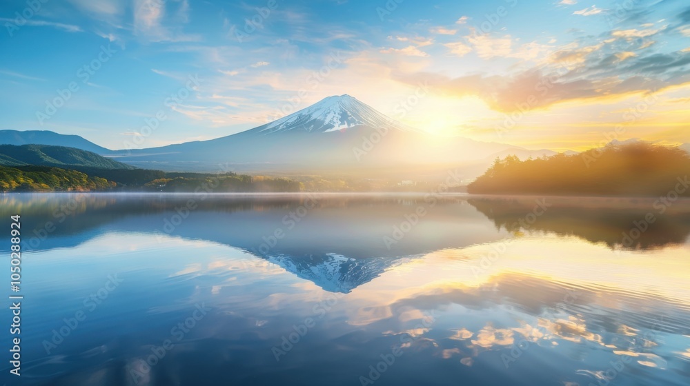 Aufkleber a dramatic view of mount fuji reflected in the calm waters of a nearby lake with a sunrise casting a