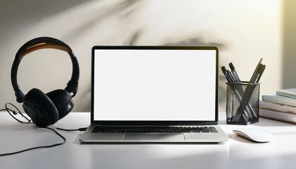 workplace with laptop and headphones on a white desk