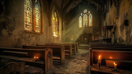 Fototapeta premium Sunbeams Illuminating an Abandoned Church