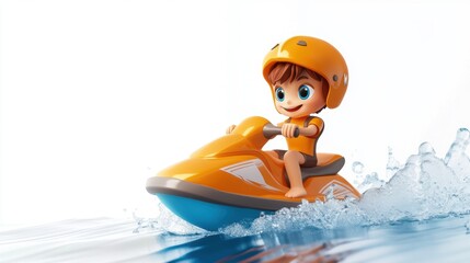 Cartoon character riding  jetski in water. Summer tropical sports.