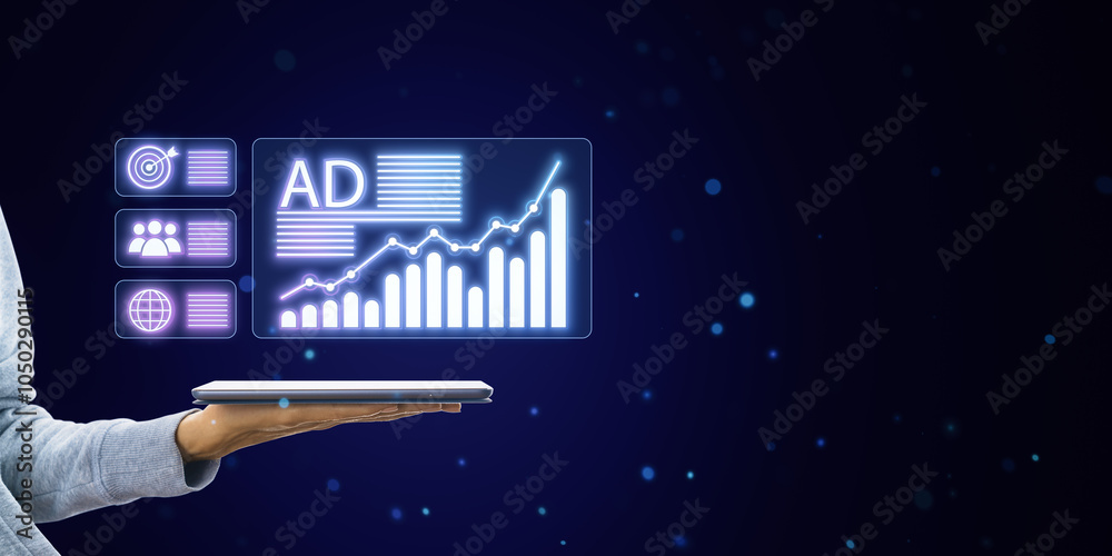 Poster digital advertising concept with holographic graphs and stats on tablet screen in dark background.
