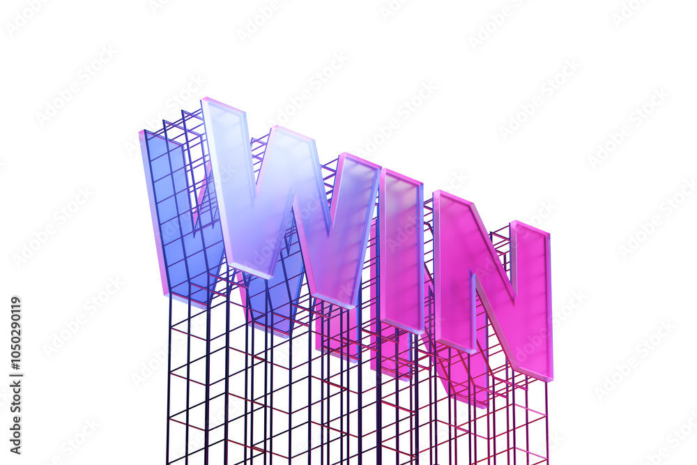 Poster transparent 3d win text with blue and pink gradient colors built on a wireframe structure, isolated 