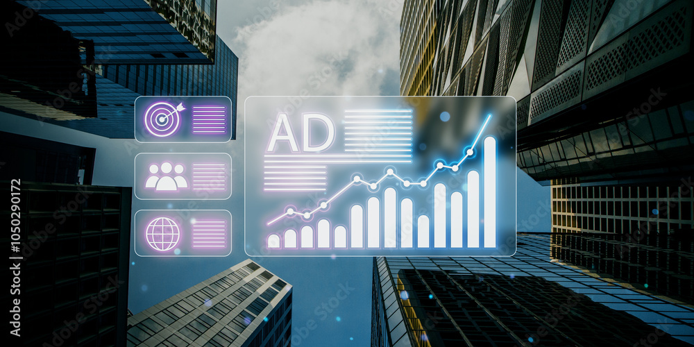 Aufkleber Digital advertising concept with data graphs and icons on a background of skyscrapers and sky in a virtual interface.