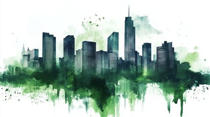 Fototapeta premium Abstract city skyline with green watercolor effects, symbolizing urban life and nature.