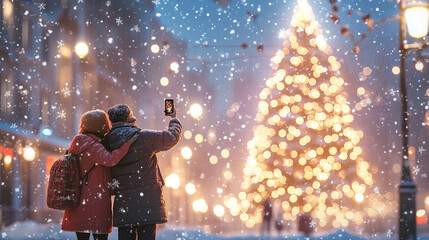 Naklejka premium A couple taking a selfie in front of a giant Christmas tree in a snowy city square, showcasing holiday romance and travel