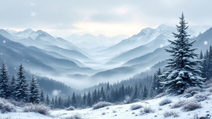 Fototapeta premium beautiful foggy morning in mountain hill view landscape nature background pine tree and snowflakes