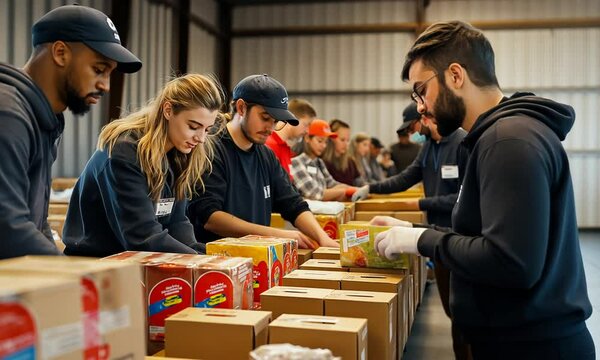 Volunteers Packing Groceries at Food Bank