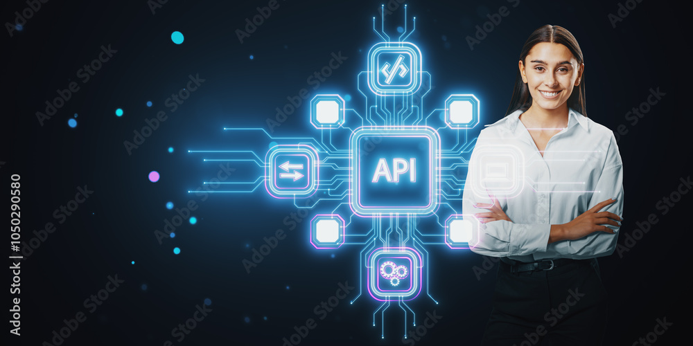 Poster Woman standing next to holographic API interface with connected symbols and neon elements on dark background.